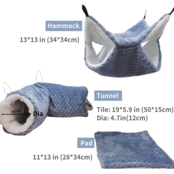 3-pack hängmattor för råtta, marsvin, hängande tunnel och varm säng, bur-tillbehör för iller, hamster, chinchilla, sockerglidare,--.pa