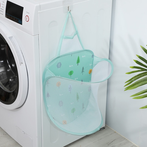 Sammenleggbar vaskepose Sammenleggbar vaskekurv Stor skittentøyskurv Mesh Veggmontert for bad med krok Grønt tre