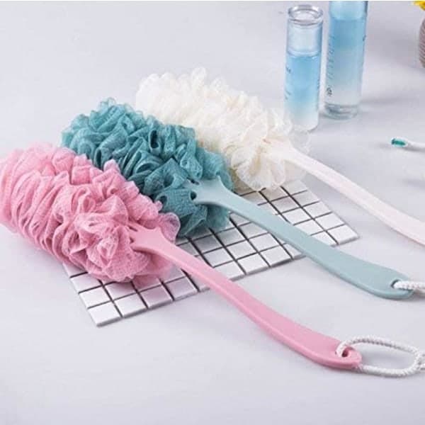 Long Handle Bath Brush Back Scrubber Shower Body Brush Sponge Hanging Soft Mesh (Pink)