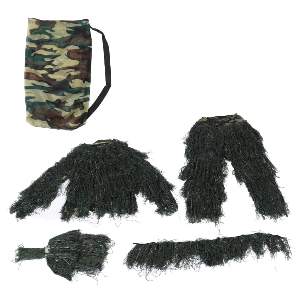 3D Camouflage Jagtdragt Polyester 5 i 1 Jagttøj Woodland Camouflage Outfit Beklædning Inklusiv jakkebukser Hætte til udendørs skydespil