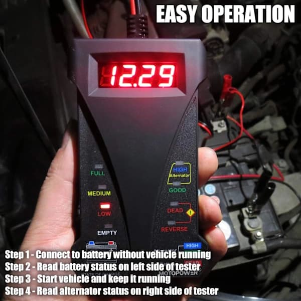 12V Digital Batteritester Voltmeter og Generator Opladningssystem Analysator med LCD-display og LED-indikering, Sort gummimaling