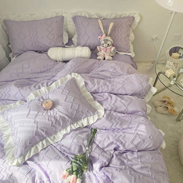 Mykt sengesett med blondedekorasjon Hudvennlig børstet stoff Princess Sengeutstyr Lilla 1,8 meter sengeskjørtsett