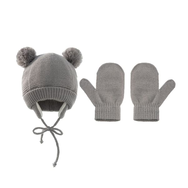 2 st/set Barn Elastisk Mössa Tjock Varm Baby Mössor Pompom Stickad Mössa Öronskydd Vantar Vinter