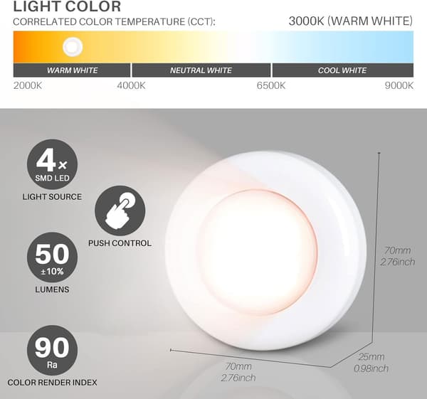 Mini Touch Press LED-spotlight för inomhusbruk, bärbar, självhäftande bas, batteridriven, underskåpsbelysning, varmvit, 5-pack