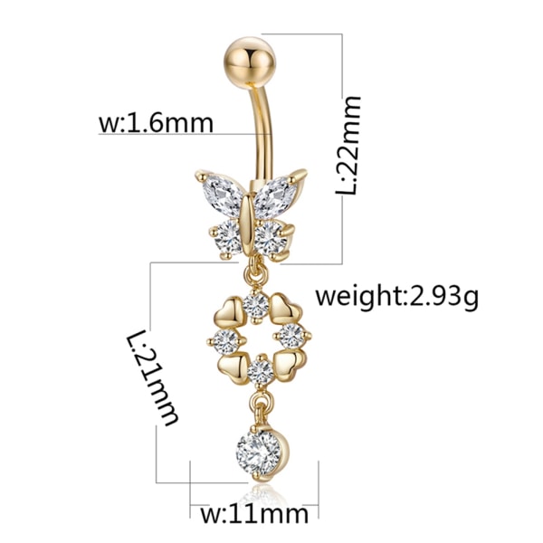 P0322 Simple Exquisite Love Heart Butterfly Zircon Navle Ring Guld Hvid