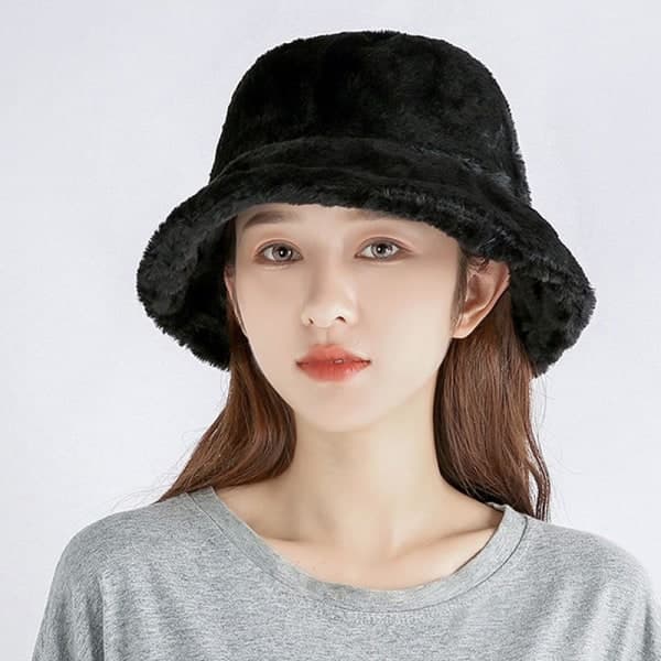Falsk Pels Vinter Bucket Hat Til Kvinder Solid Varmt Damehat Udendørs Sort