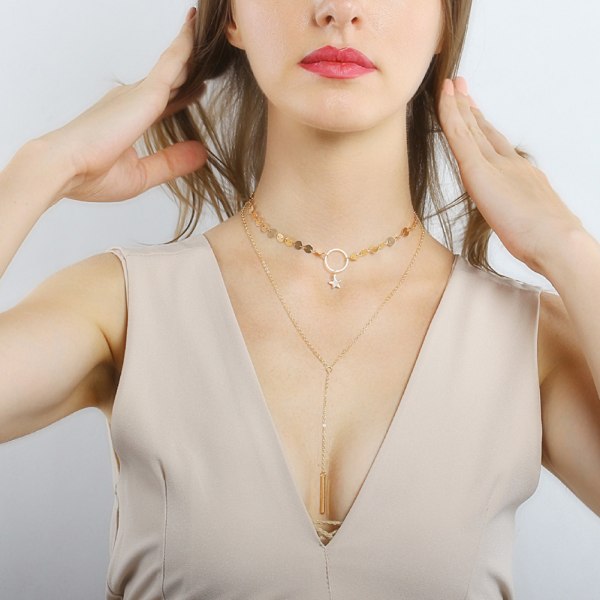 Mote kvinner dobbeltlags stjernedusk legering anheng halskjede kjede smykker (gull)
