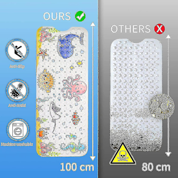 Mng skridsikker bademåtte 100x40cm, skridsikker badekarsmåtte med 200 sugekopper PVC-material, brusemåtte med tegnede havdyr til børn og baby--