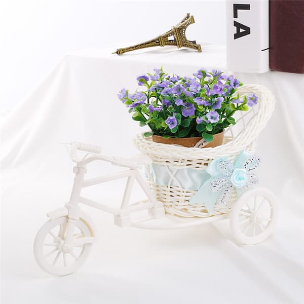 Flott hvit trehjuling sykkel blomsterkurv beholder
