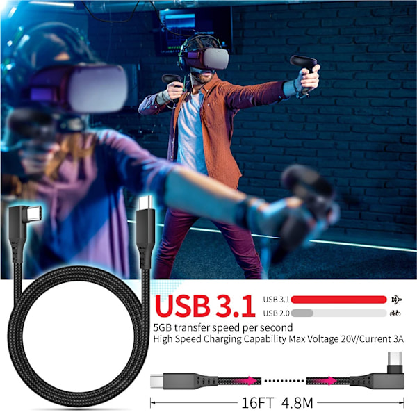USB til USB-C Højhastighedskabel Vinklet USB-C Oculus Quest 2 5M Grey grå