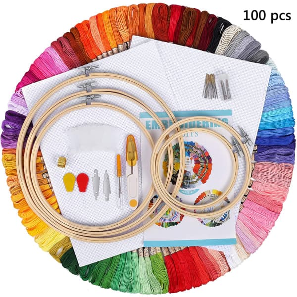Broderisats, 100 färgade trådar, 5 bambu-broderiramar