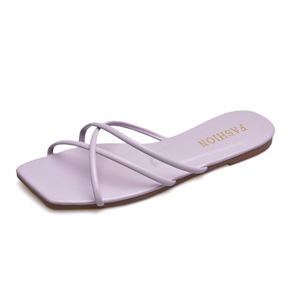 Dam Öppen Tå Platt Sandaler Sommar Vardaglig Korsrem Slip On Tofflor PU Läder Halkfria Slippers Skor Lila 40