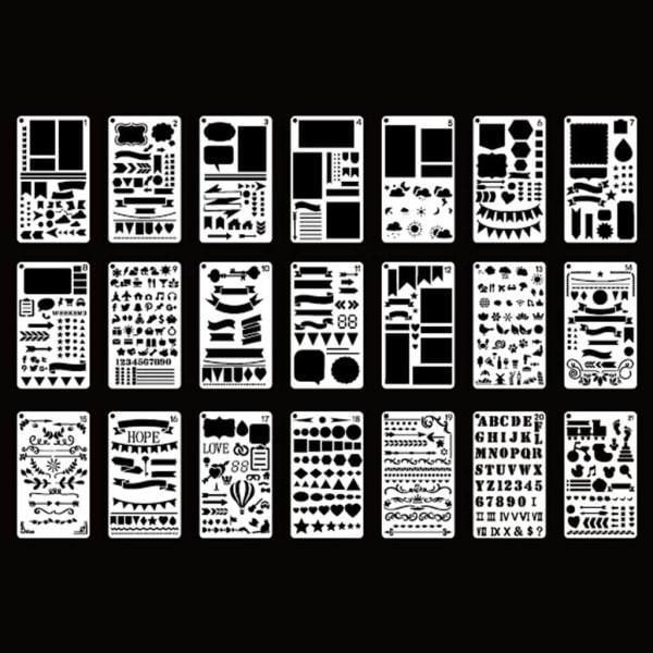 Bullet Journal -stencilisarja piirustusmalleilla, viivaimella ja DIY-maalauksen malleilla