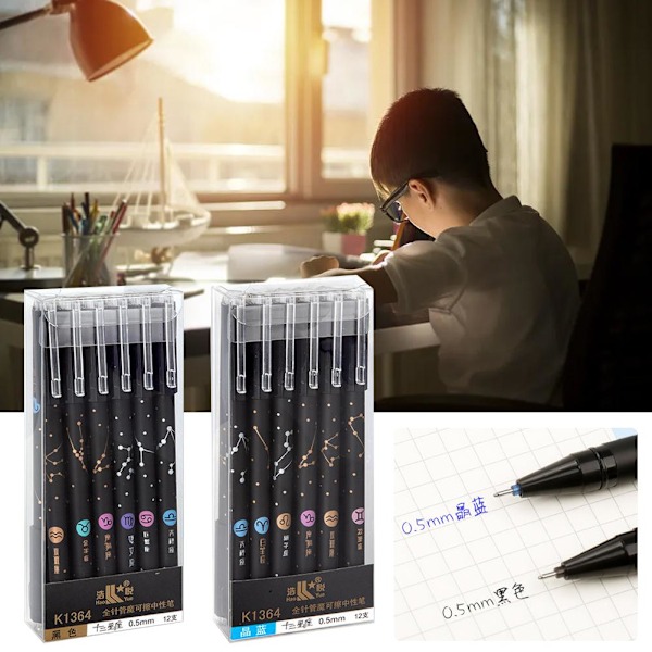 12-pack 0,5 mm raderbara svarta gelpennor - set för skolstudenter