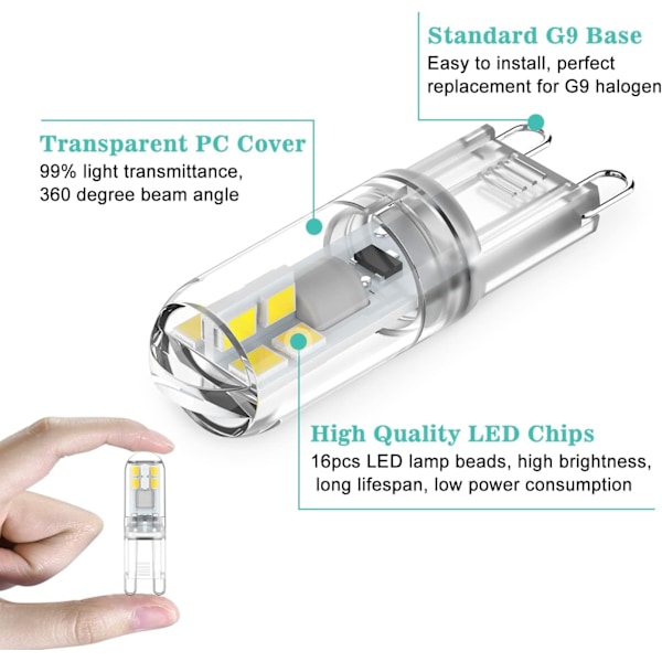 G9 LED-lamput 1,5 W, vastaa 20 W halogeenia, kylmä valkoinen valo 6000 K, AC 220-240 V, ei himmennettävä, minik hehkulamppu, välkkymätön, 10 kpl