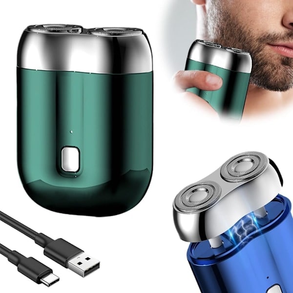 Mini Elektrisk Dobbeltbarbermaskine, USB Mini Herrebarbermaskine, Vaskbar Dobbeltbarbermaskine, Genopladelig Kompakt Elektrisk Barbermaskine (Grøn)