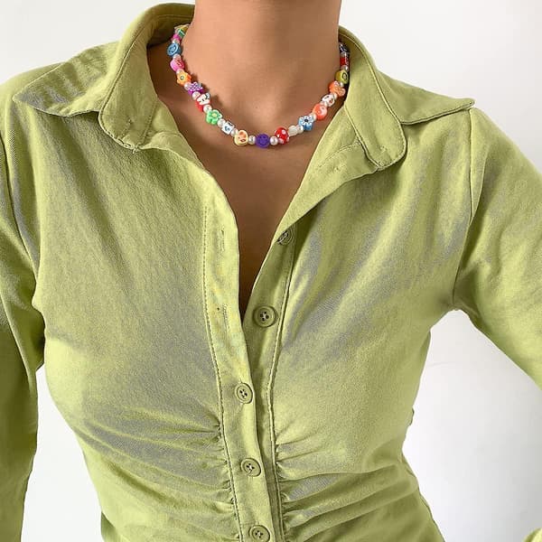 Boho Smiley Lagdelt Perlehalskjede med Strand Armbånd, Smilende Ansikt Blomster Hjerte Perler Perle Stackable (Tilfeldig Stil)