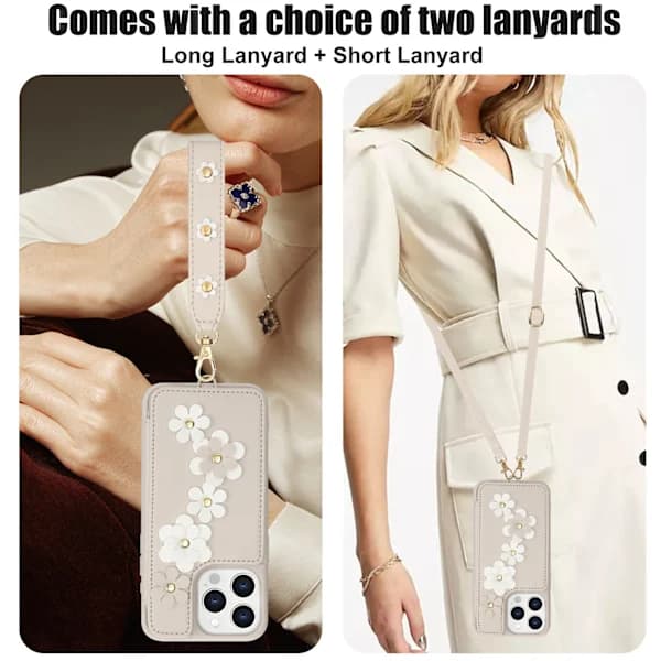 iPhone 16 Pro Max Plånboksfodral med Korthållare & Rem, Blommig Design