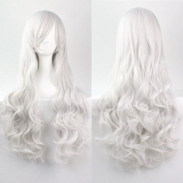 80 cm mote kvinner Anime lang krøllete bølget syntetisk hår Cosplay parykk (sølvhvit)