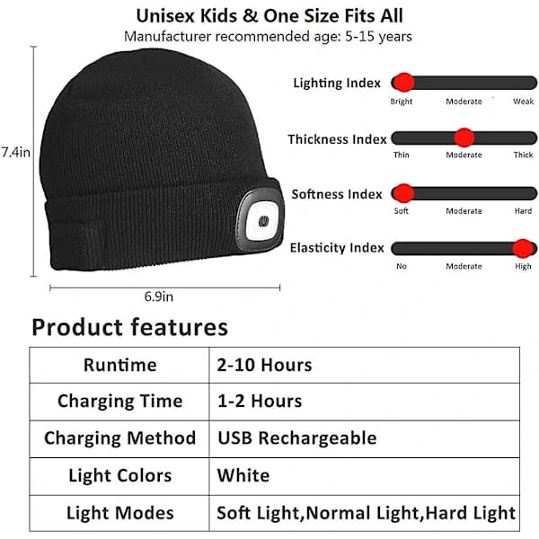 LED-belyst Beanie-lue for barn. Oppladbar 4 LED-hodelykt-lue. Strikket vinterlue