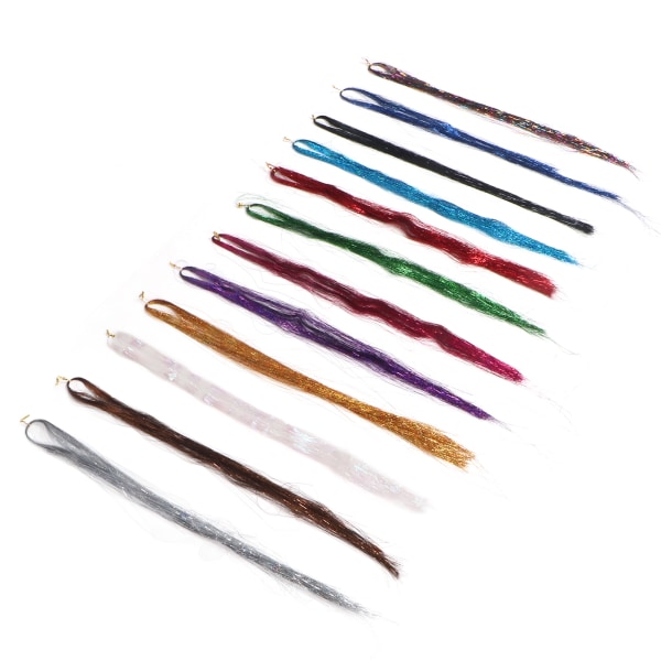 12 stk Hair Tinsel Strands Kit Glitter Fargerikt silke hårforlengelsessett med heklenål