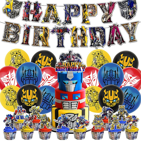 Transformers Coola Pojkars Födelsedagsfest Dekorationer Set Ballonger Banner Tårta Topper Tillbehör Kit