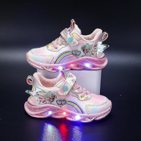 Piger LED Casual Sneakers Elsa Prinsesse Tryk Udendørssko Børn Rosa P Pink P Pink P 27-insole 16.8cm
