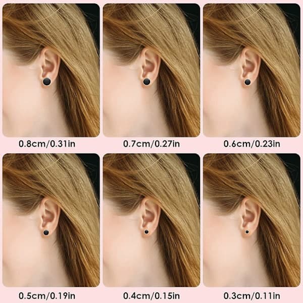 Par Sorte Øreringe i Rustfrit Stål, Unisex, Runde Flade Stiftøreringe til Mænd og Kvinder (3mm - 8mm), Rustfrit Stål