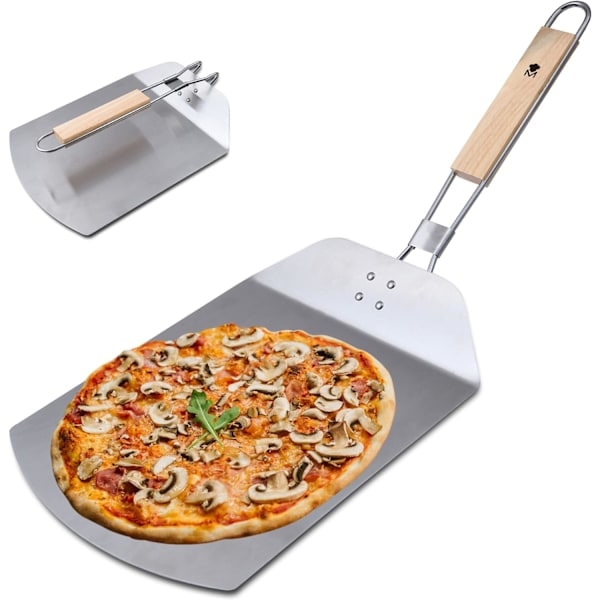 Pizzaspade i rustfrit stål | Mål 57 x 24 x 3,7 cm | Træfarvet gummihåndtag | Fjerner dine pizzaer sikkert og trygt fra ovnen