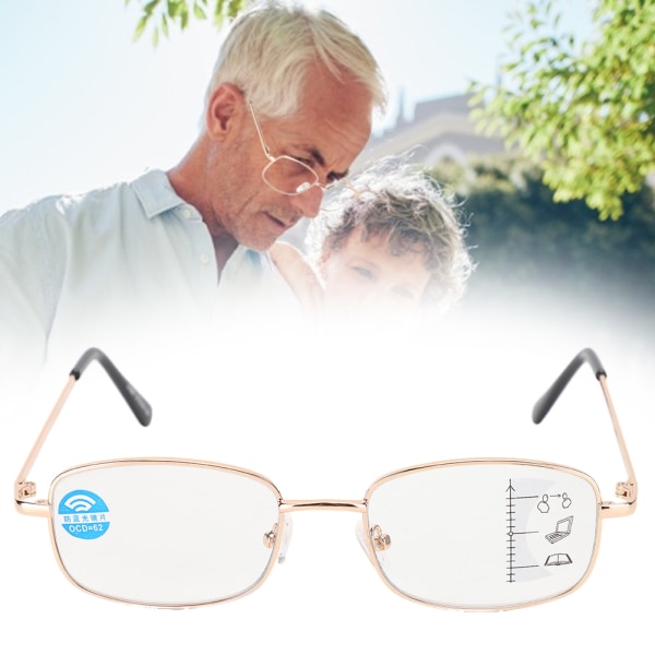 Multifokale presbyopiske briller Blått lysblokkerende lesebriller for menn kvinner (+150 gull)