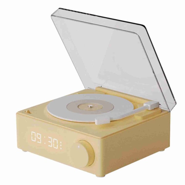 Roterande vinylskiva väckarklocka högtalare retro 360 graders stereo trådlös klocka Bluetooth högtalare för hem sovrum kontor Beige