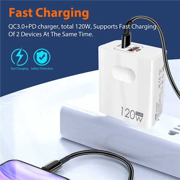 USB-C 120W Gan Superhurtig PD-Oplader til Bærbar Tablet 15 iPad Macbook Oppo Samsung Xiaomi USB Hurtigopladningsadapter UK Opladningskabel