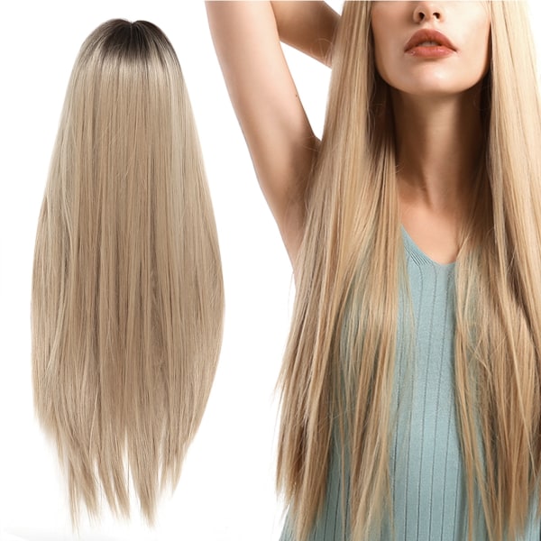 Front Spets Peruk Bangs Långt rakt blont hår Syntetiskt värmebeständigt fiberhår för kvinnor 70 cm MQF288 1