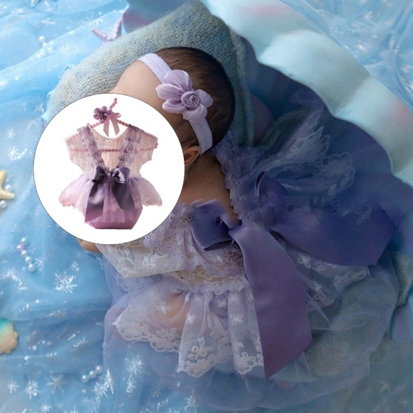 Nyfödd spets Rygglös Romper med blommigt pannband Fotografi Outfit Tjejkjol Delikat baby