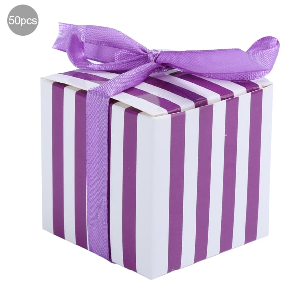 50 kpl Favor-lahjarasia Karkkirasiat Häät syntymäpäiväjuhlat Valmistujaisten Favor-lahjarasia (5,5 cm:n valkoinen purppuraraita, violetti nauha)