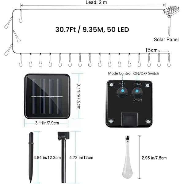 50 LED Dråbeformede Solcellelamper Udendørs Have, Solcellelamper Have Udendørs Vandtæt, 6,9 m