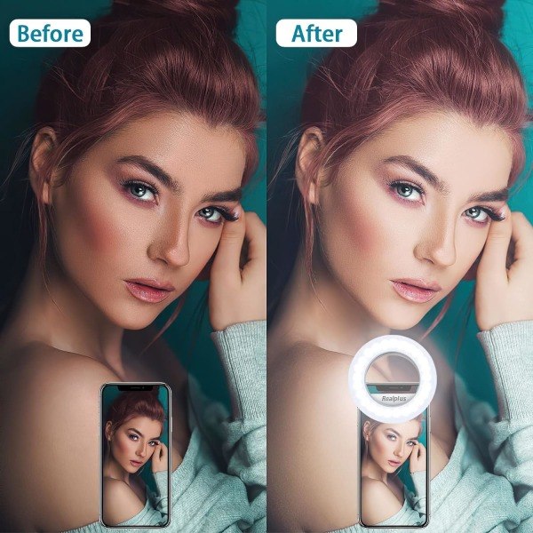 Selfie Ring Light, Clip-on Ring Light [Genopladelig] med 3 Farver & 40 LED, Dæmpbar Selfie Light til Telefon, Tablet, Laptop, Zoom-møde（PA）