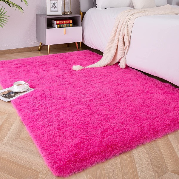 Mjuka fluffig mattor for barnrum i soverom Plysch Shaggy Hot Pink 1,3 x 2 fot