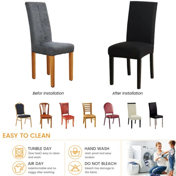 6 stk Stretch Stolovertrekk - Vaskbare Stretch Spisestoltrekk svart