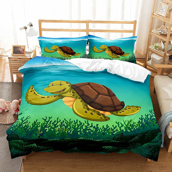 Tecknad Havssköldpadda Kung & Drottning Täcke Set Söt Sköldpadda Barn Ocean Djur Quilt Täcke Polyester Överdrag