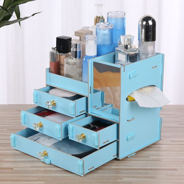 Sminkeoppbevaringsboks med fire tegninger, stor kapasitet, vakker kosmetisk oppbevaringsboks Display for toalettbord DesktopSky Blue
