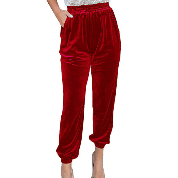 Dame Tapered Cuff Bukser Sidelommer Ensfarvet Lige Ben Casual Elastisk Talje Cinched Cuff Bukser Rød XXL