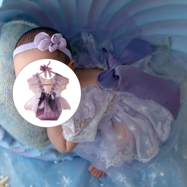 Nyfödd spets Rygglös Romper med blommigt pannband Valokuva Outfit Tjejkjol Delikat baby