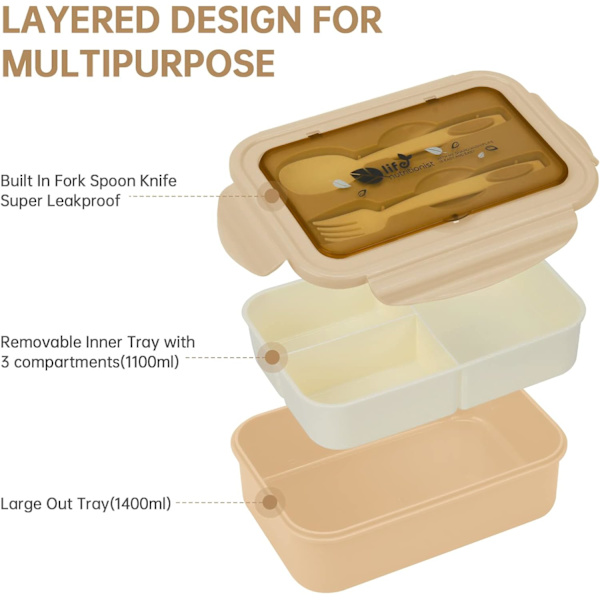 Khaki - Lunchbox med gaffel och 3 fack, 1400ml läckagesäker