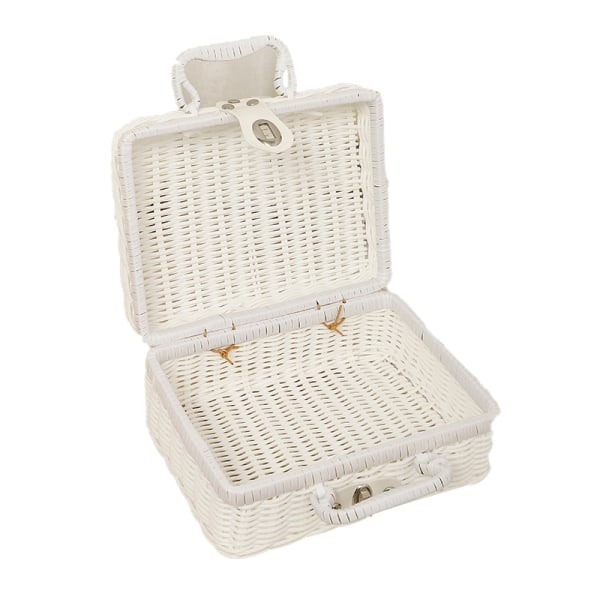 Vævet picnicboks Plastrattan Lugtfri retro vævet opbevaringsboks med ringformet håndtag til udendørs hvid L