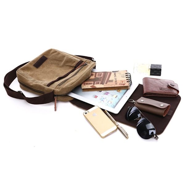 Canvas axelväska för män, herrväska, laptopväska för 14-tums laptop, axelväska/budväska/messenger väska, khaki