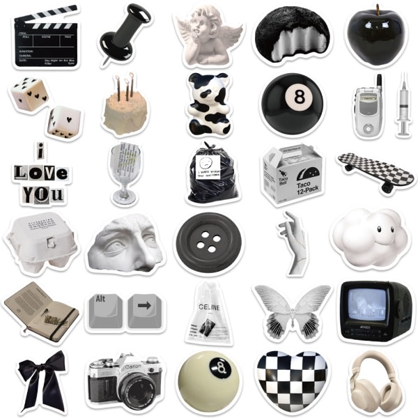 Sett med 61 roliga vinyldekaler, svart og vit minimalistisk stil Stor bulkdekal for bærbar datamaskin, telefon, flaskor