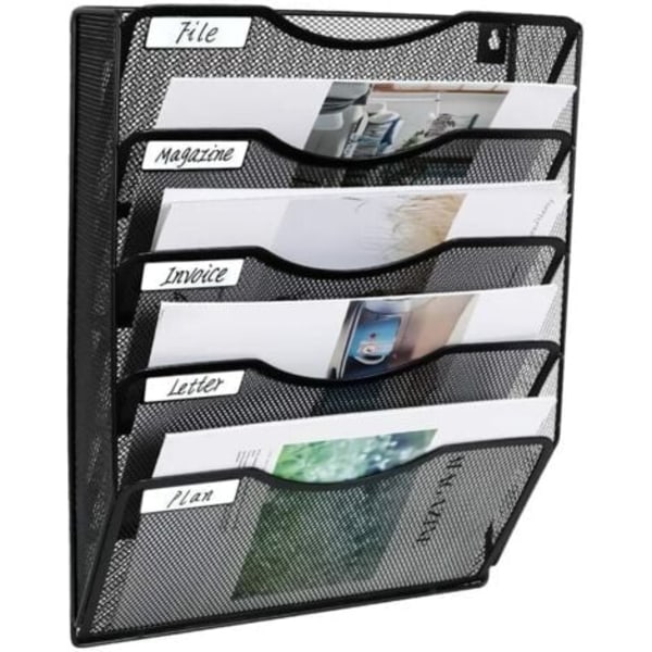 5 Lommer Mesh Veggmontert Filholder Kontor Hengende Dokumentmappe Magasin Rack Postsorterer Bin, navneskilt inkludert, svart--.pa