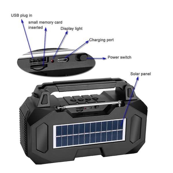Solar Bluetooth Højttaler Bærbar Højttaler FM Radio med Telefonholder Micro Storage Card Reader til Udendørs Rejser Solid Normal
