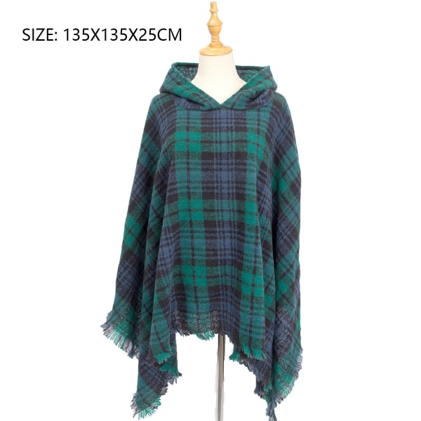 Kvinnors Rutig Hooded Cape Sjal Filt Poncho Hoodie Cape Green